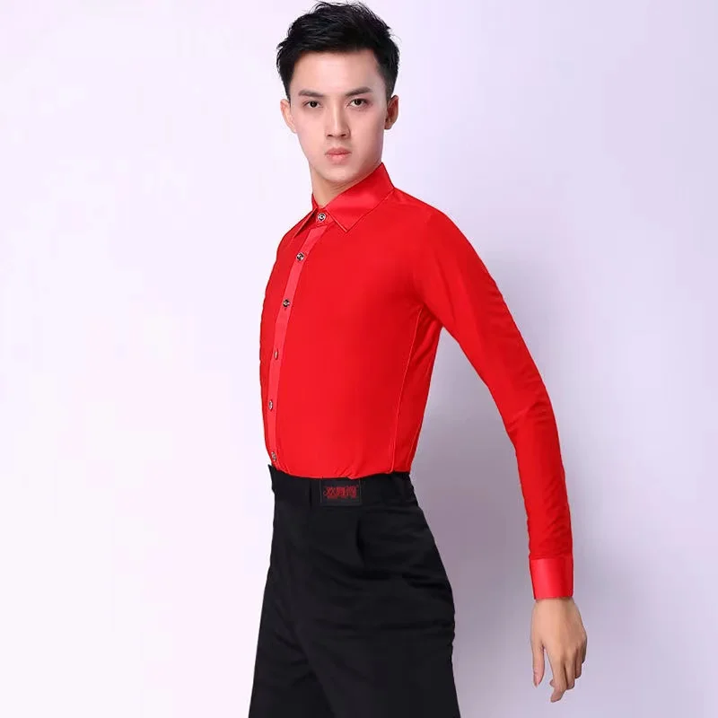 New Mens White Dance Shirt Ballroom Modern Salsa Tango Samba Latin Standard Competition Performance Men Shirts Dancewear Tops