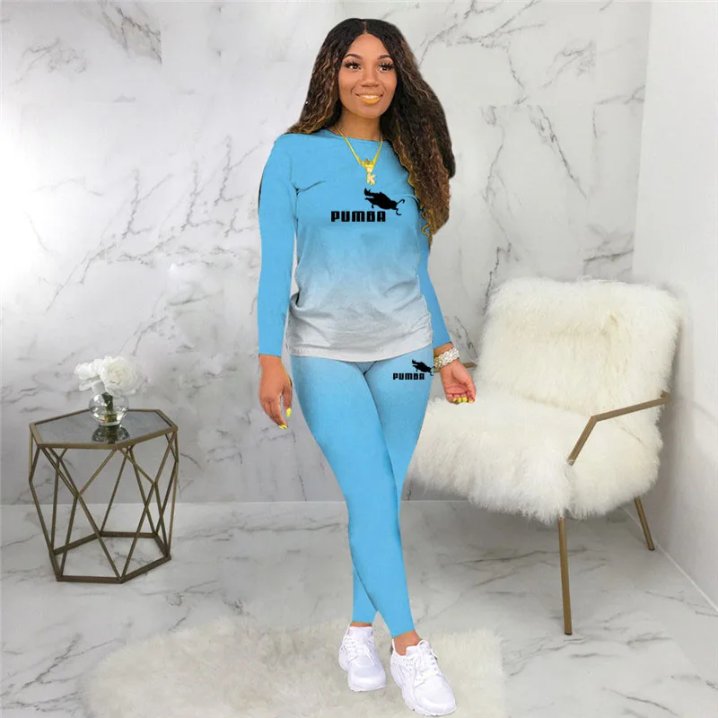 

Women Suit Fashion Spring Autumn Round Neck Pullover Print Gradient Color Long Sleeved Trousers Slim 2 Piece Suit Sportwear