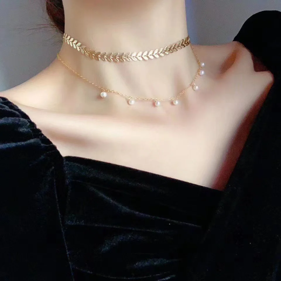 

New arrivals in autumn, 14K gold pearl necklace Natural freshwater pearl 4-5mm starry golden spikes double layered Necklace leng