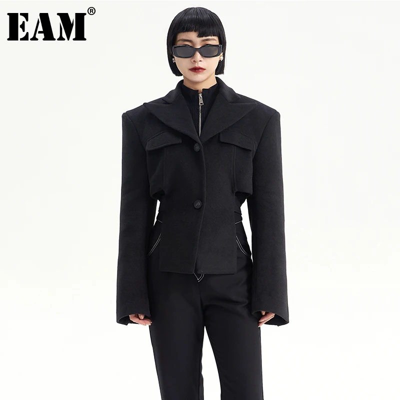 

[EAM] свободное черное шерстяное пальто с дырочками, парки, новое модное женское пальто с длинным рукавом, Осень-зима 2021, 1DE5748