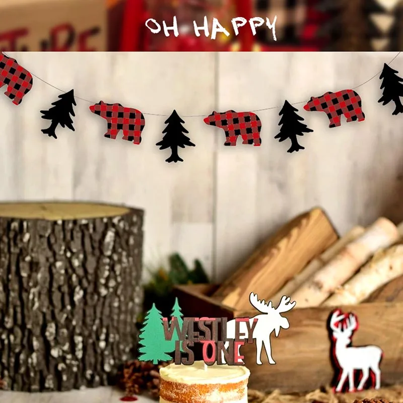 Lumberjack праздничные баннеры в клетку с изображением медведя и дерева Висячие для
