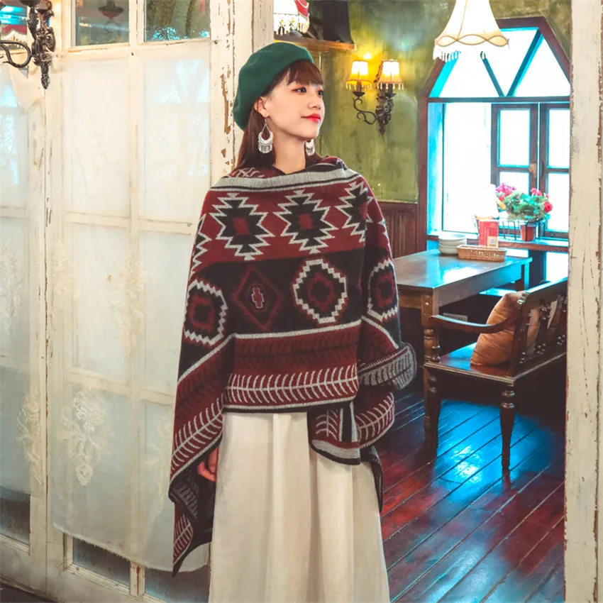 

Women Boho Style Plaid Print Vintage Shawl Poncho Winter Warm Thick Knitted Scarf Large Holiday Home Wear Cloak Wrap