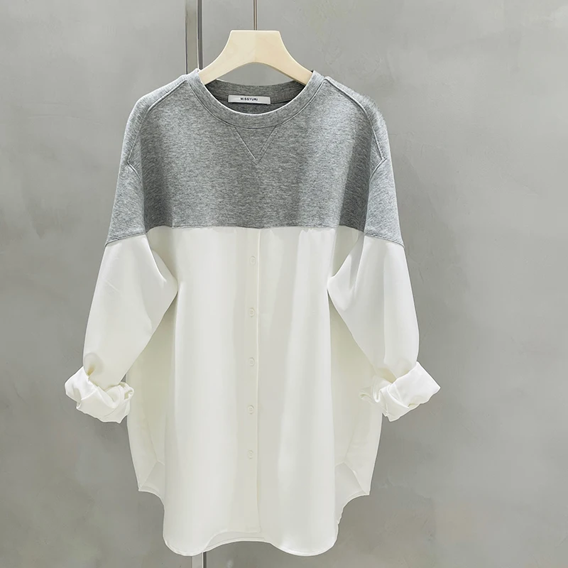 

2021 Spring Autumn New Popular Fake Two-Piece Hoodie Women's Fashion Ins Loose Korean Round Neck Pullover Long Sleeve Sweatshirt