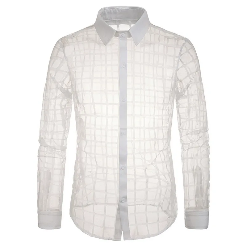 Мужская модная Осенняя рубашка прозрачная в клетку с отложным воротником