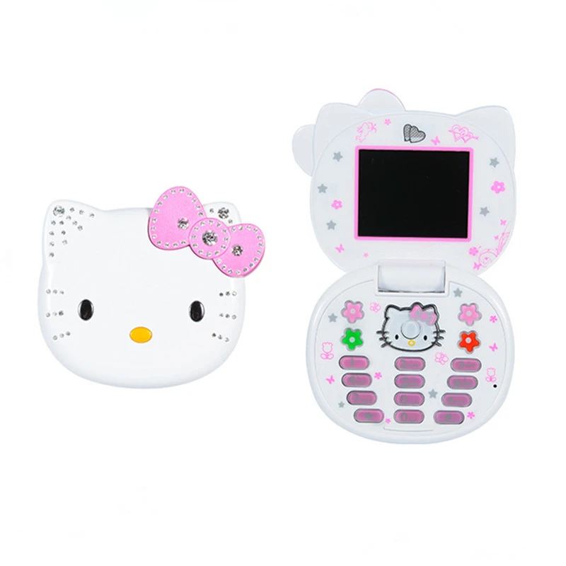 

Hello Kitty Cute Mini Girl Mobile Phone with Flip Cartoon No Lock Children Dual Card Mobile Phone with Gift Cat Head Bag Lanyard