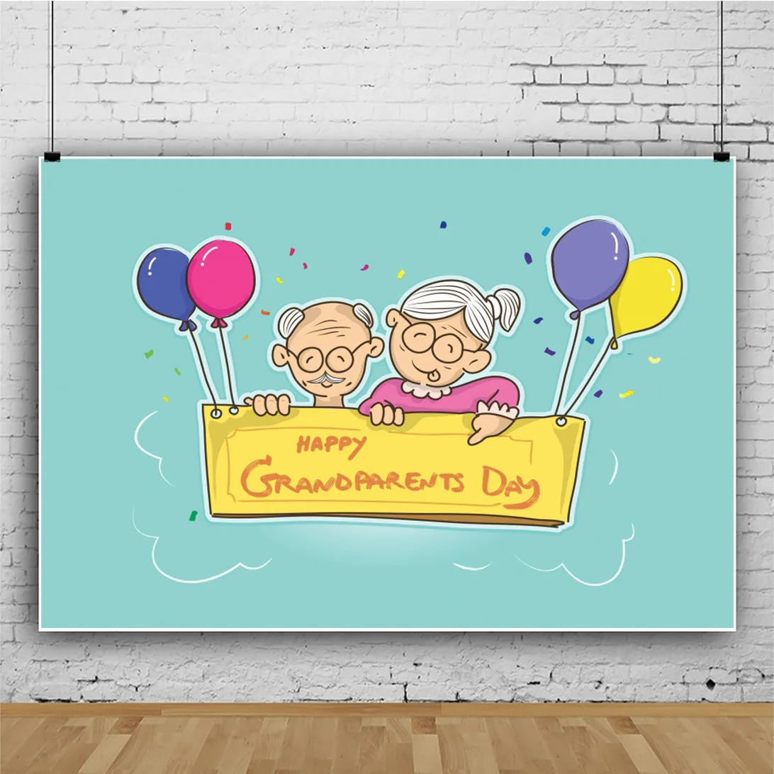 

Cute Ribbon Grandparents Day Blue Background Studio Photography Family Party Cake Balloons Photocall Backdrop Booth Banner