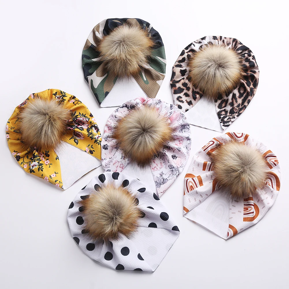 

Camo/Leopard/Dot/Flower Prints Baby Hat Seersucker Fake Fur Ball Rainbow Boy Girls Pompom Hats Newborn Autumn Winter Beanie Caps