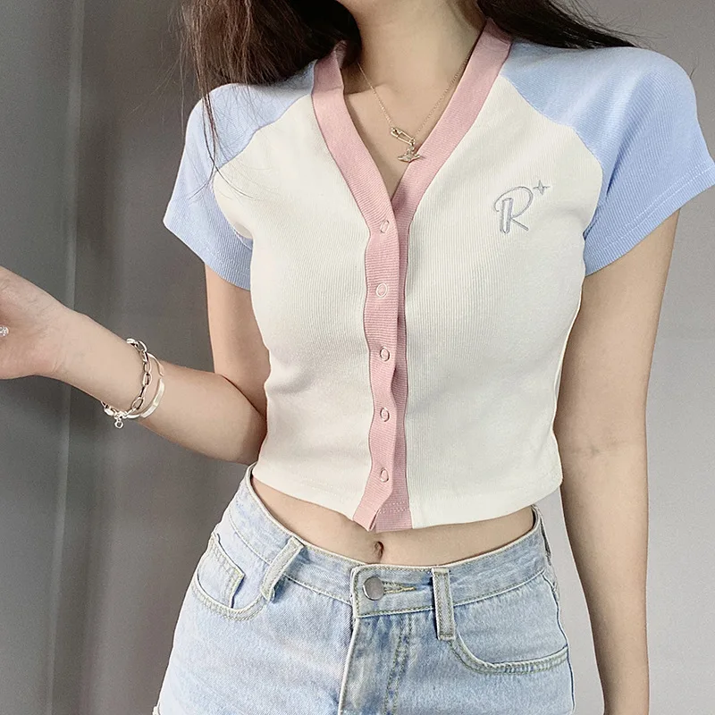 

Casual Daily Short Sleeve Slim Cardigan High Street Knitted T-shirt Fashion Patchwork V-neck Knitwear Summer Tops for Women 2021