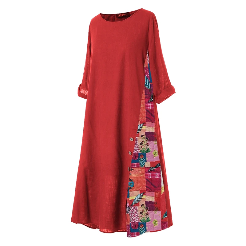 ZANZEA женское платье осень-зима Vestidos длинное платье Винтаж Цветочный принт, из кусков, с пуговицей, на Повседневное размера плюс Открытое платье без рукавов