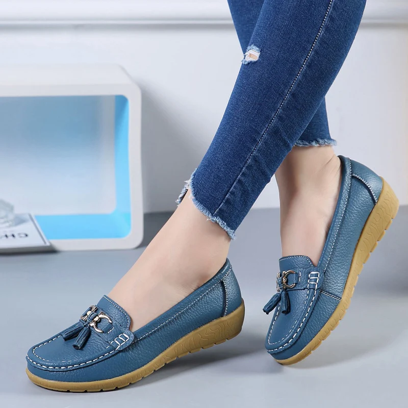 Light blue Женская обувь на плоской подошве; дышащие женские балетные туфли из натуральной кожи; лоферы; мокасины; женская обувь без застежки; большие размеры 35-44 - Цвет: Light blue