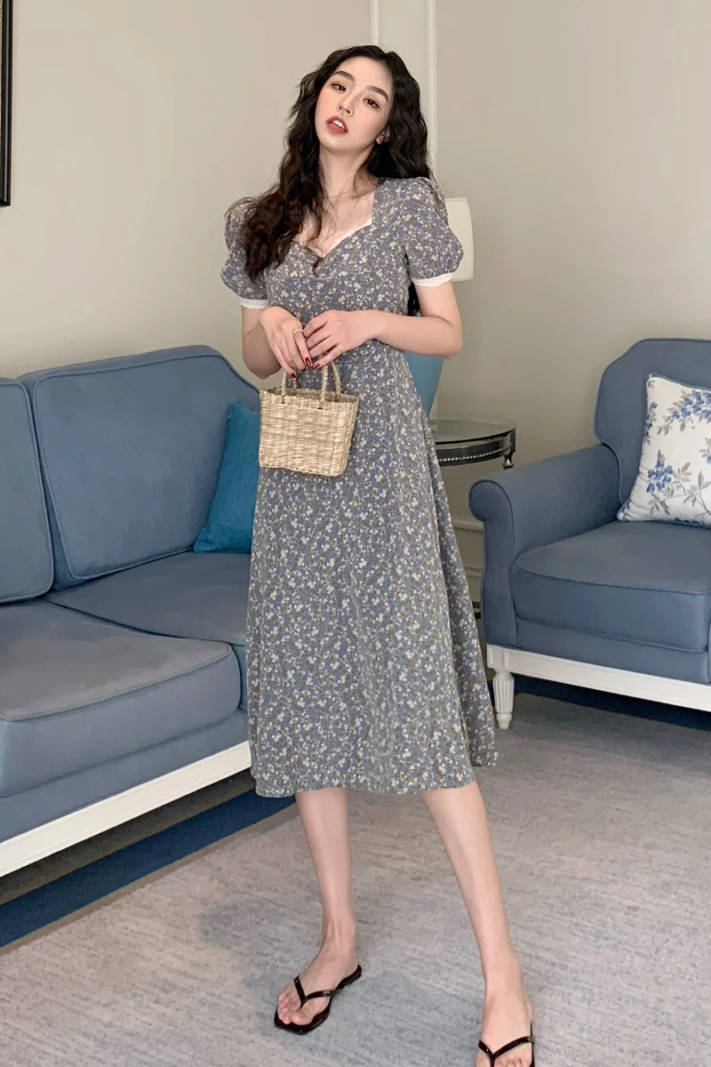 

COIGARSAM Vintage Patchwork Women dress Print Lace Puff Sleeve Square Collar Dresses Floral 36895