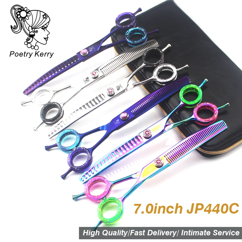 

7.0 inch pet grooming kit hairdressing scissors Thinning dog Scissors and Fishbone Teeth Cut three colors Silver, purple, color