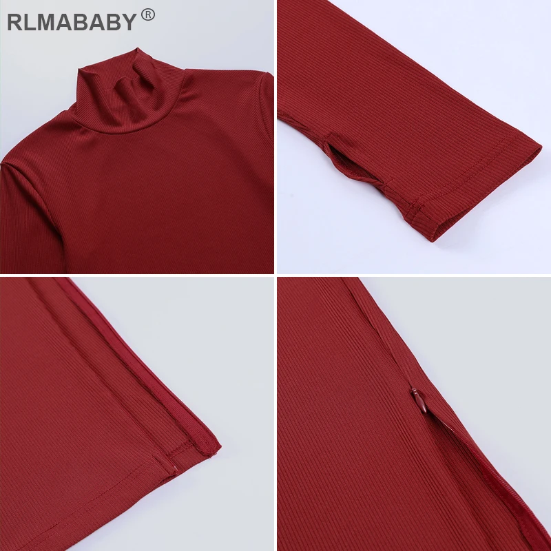 

Sexy Sides Zipper Split Knee-Length Ribbed Dress Slim Turtleneck Long Sleeve Spring Autumn Bodycon Dress Casual Women Knit Dress