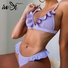 Пурпурный комплект бикини In-X, купальник в рубчик, женское бикини с оборками, треугольный купальник, женский купальный костюм с высоким вырезом, сексуальный купальный костюм со стрингами