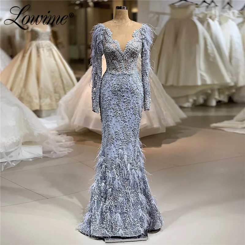 

Feather Dubai Elegant Evening Dresses 2020 Heavy Beading Custom Mermaid Party Gowns Abendkleider Turkish Arabic Prom Dress Robe