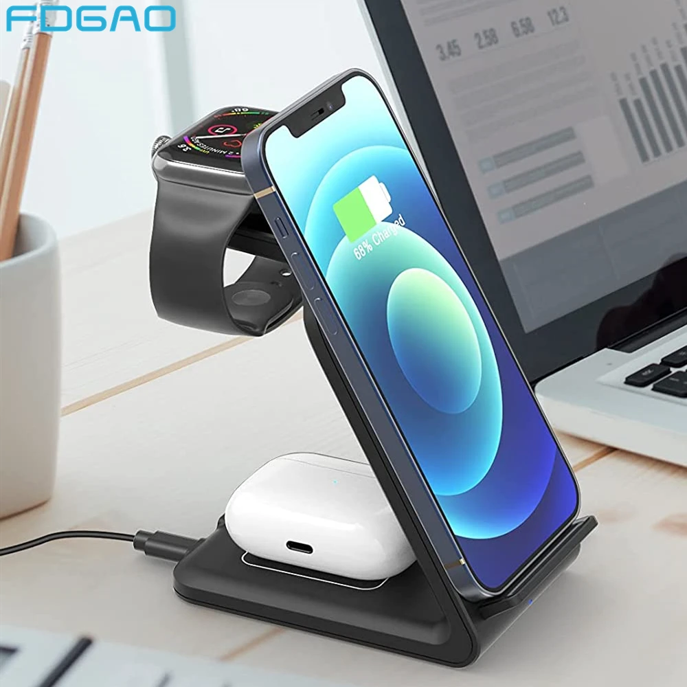 

Беспроводное зарядное устройство 15 Вт Qi для IPhone 12 11 XS XR X 8 Apple Watch 6 SE 5 4 3 в 1, зарядная док-станция для Airpods Pro