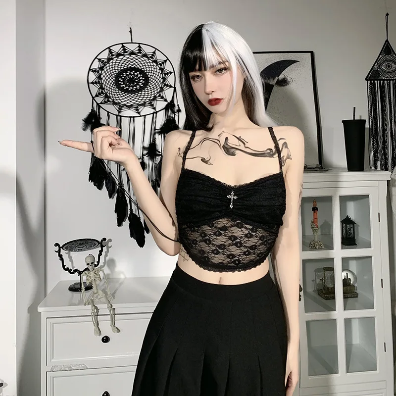 

Mall Goth Lace Black Camis Vintage Cross Pendant Aesthetic Spaghetti Straps Summer Crop Tops Black top Sexy See Through Camisole