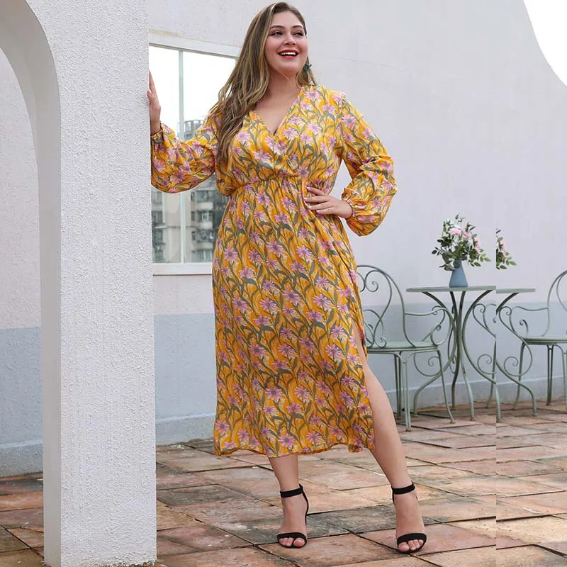 WHZHM/осеннее платье с цветочным принтом и разрезом большие размеры 3XL 4XL длинные