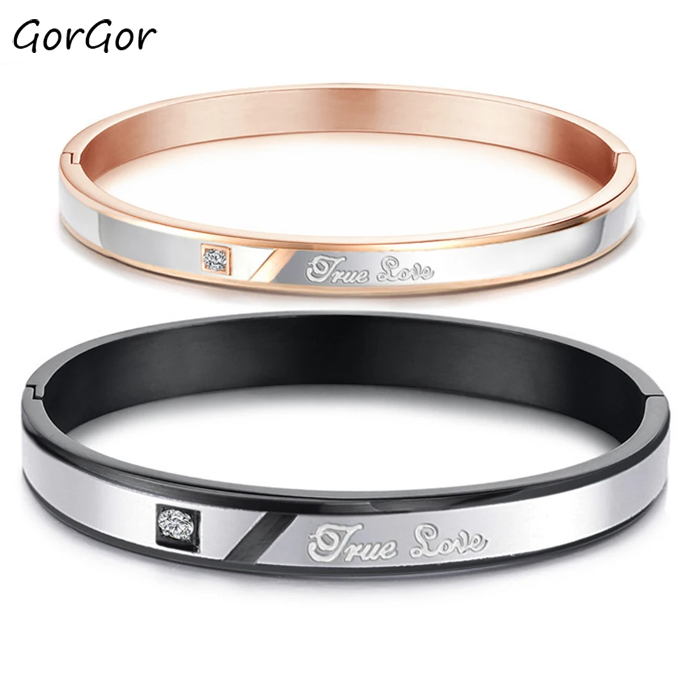 

GorGor New Arrivals Titanium Steel Rhinestone Lettering Couple Bracelet Light Yellow Gold and Black Color for Lover 867