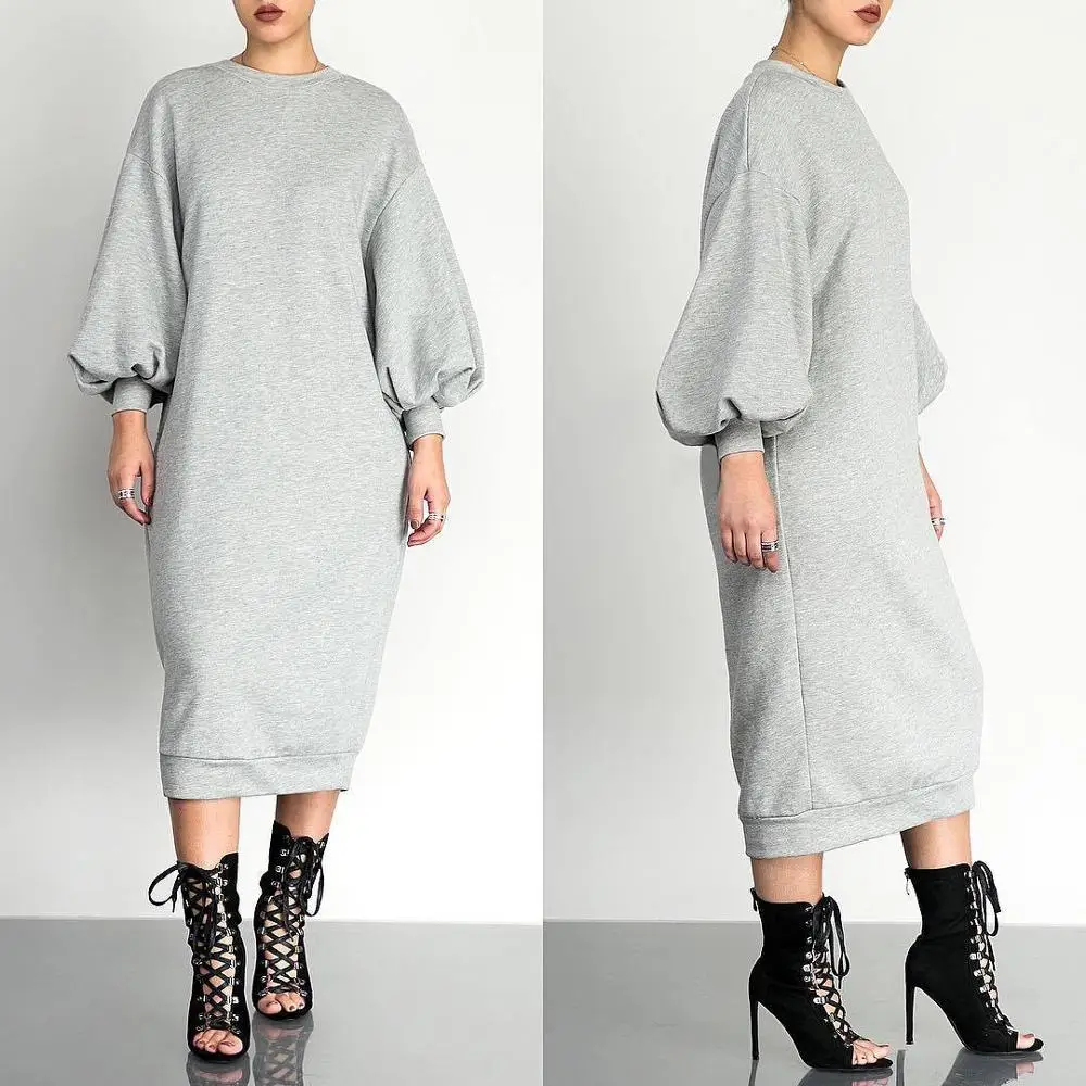 Женское осеннее Повседневное платье однотонное черное серое с длинными рукавами