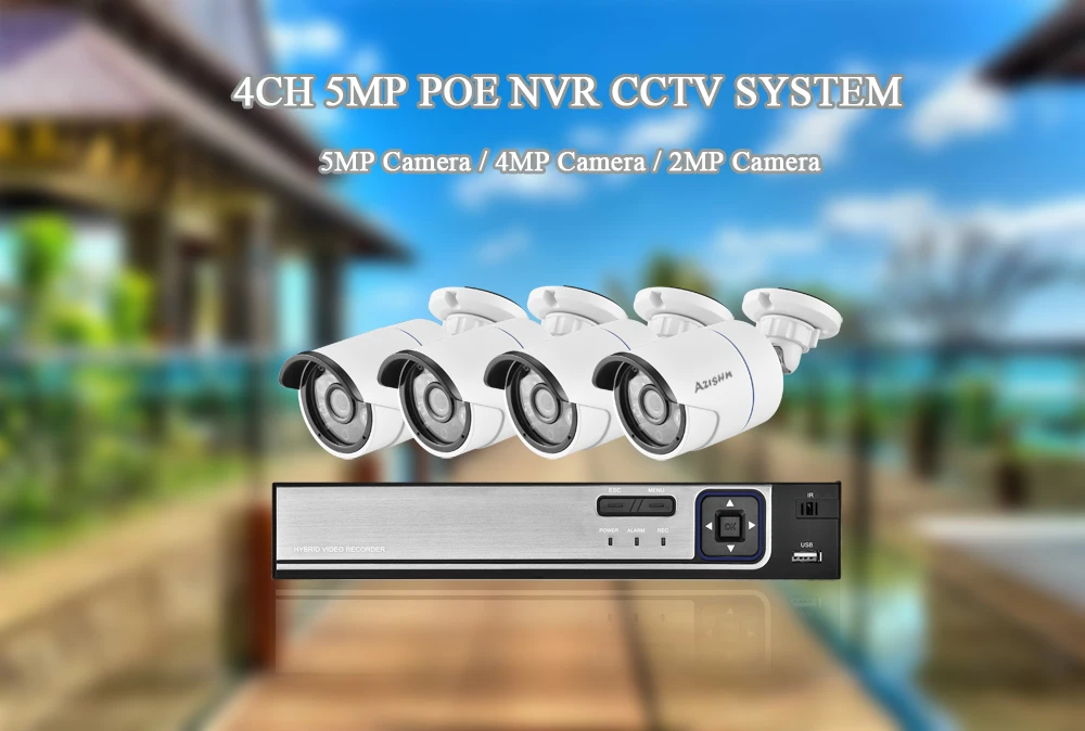 AZISHN 4CH 5MP POE NVR система безопасности H.265 5MP 4MP 2MP аудио запись Открытый IP66 Водонепроницаемая ip-камера комплект для домашнего видеонаблюдения