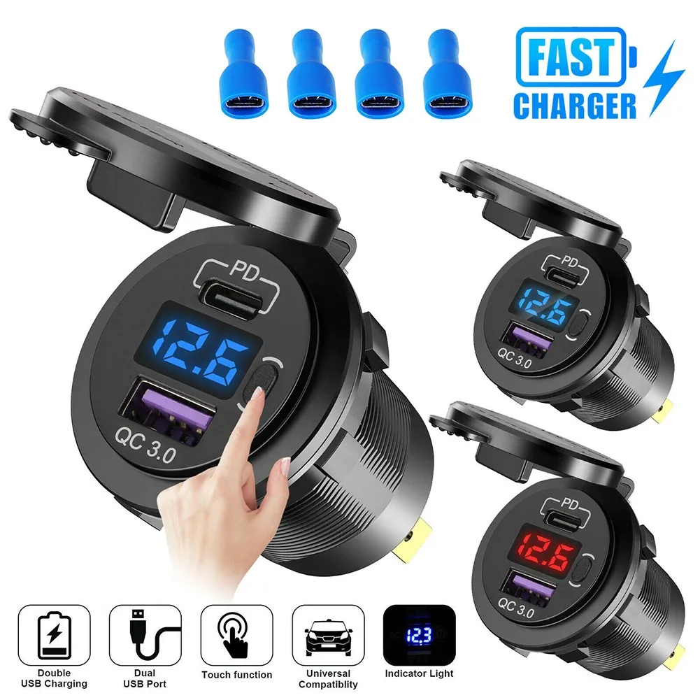 

Car Charger Adapter With Switch QC 3.0+PD 12V-24V LED Dual USB Car Fast Charger Socket Power Outlet Touch Switch 60cm Cable