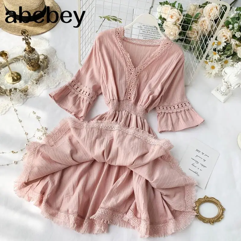 

Women Dress Vestidos Mujer New Summer Short Sleeved V-neck Slim High Waist Casual Dresses Female Fashion Hollow Out Robe