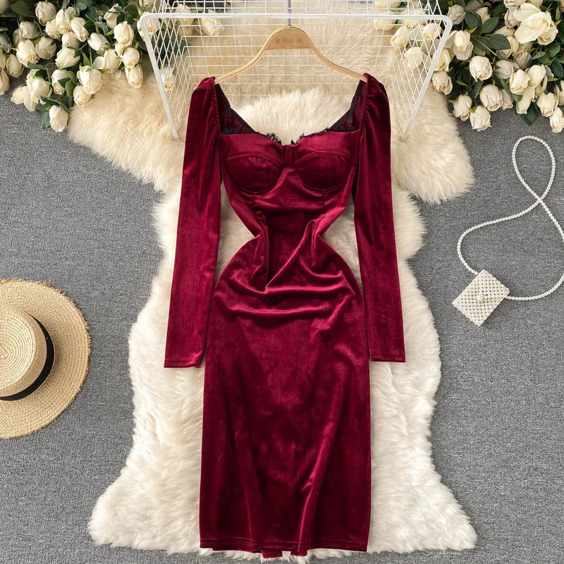 

Casual Robe Party Fashion Zipper Midi Sexy Long Sleeve Elegant High Waist Vestidos De Mujer Maxi A-LINE Square Collar Dress