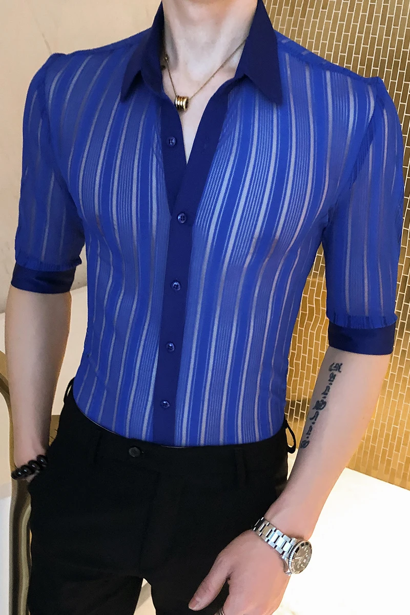 

Mens White Shirts Black Transparente Sexy Shirts For Mens Striped See Through Shirts Lace Fashion Dress Mens Mesh Clothing Slim