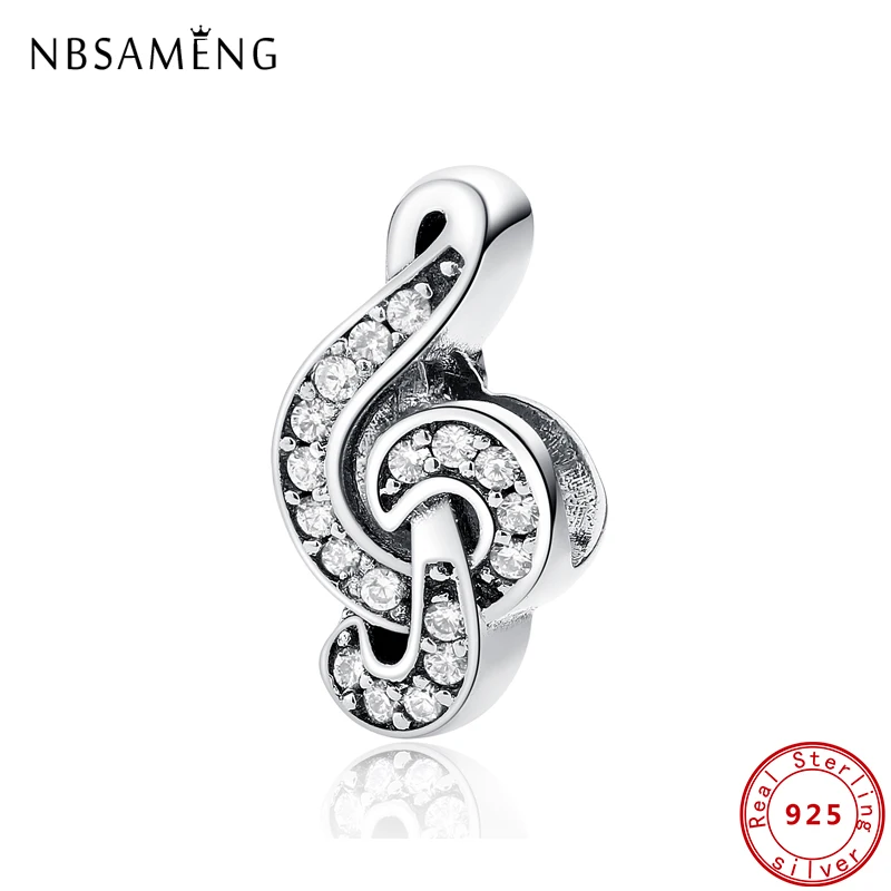 

Оригинальный 100% бусины из стерлингового серебра 925, очаровательное, подвеска в форме ноты скрипичный ключ паве ЧР для браслетов, для женщин, ...