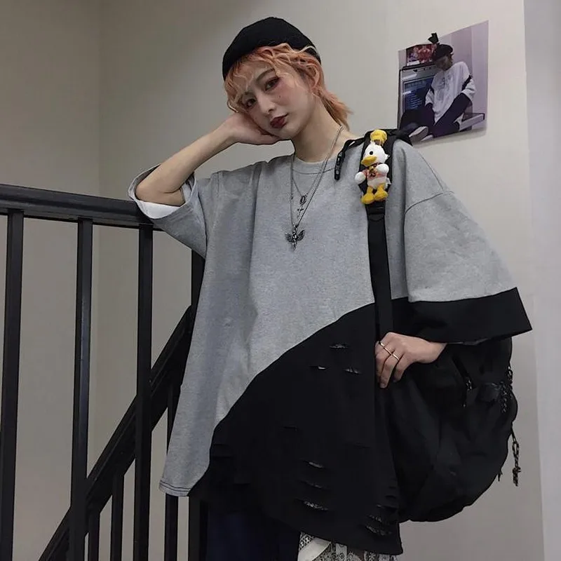 Имитация двух частей футболка с коротким рукавом Лоскутная серая черная длинная