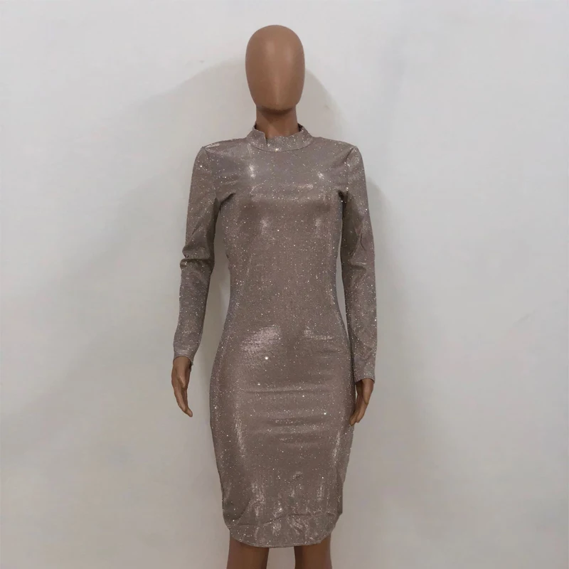 Блестящее коктейльное платье миди с длинным рукавом цвета шампанского Короткие