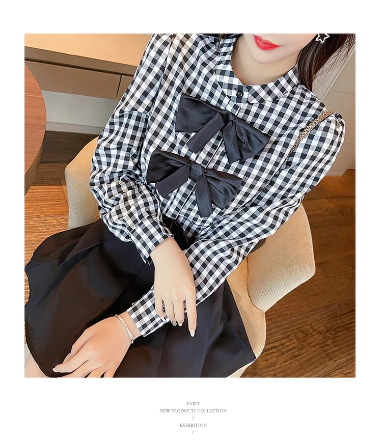 

Spring Fashion 2 Pieces Set Women Elegant Sweet Bow Plaid Long Sleeve Shirt Top + Pleated Mini Skirt Suit