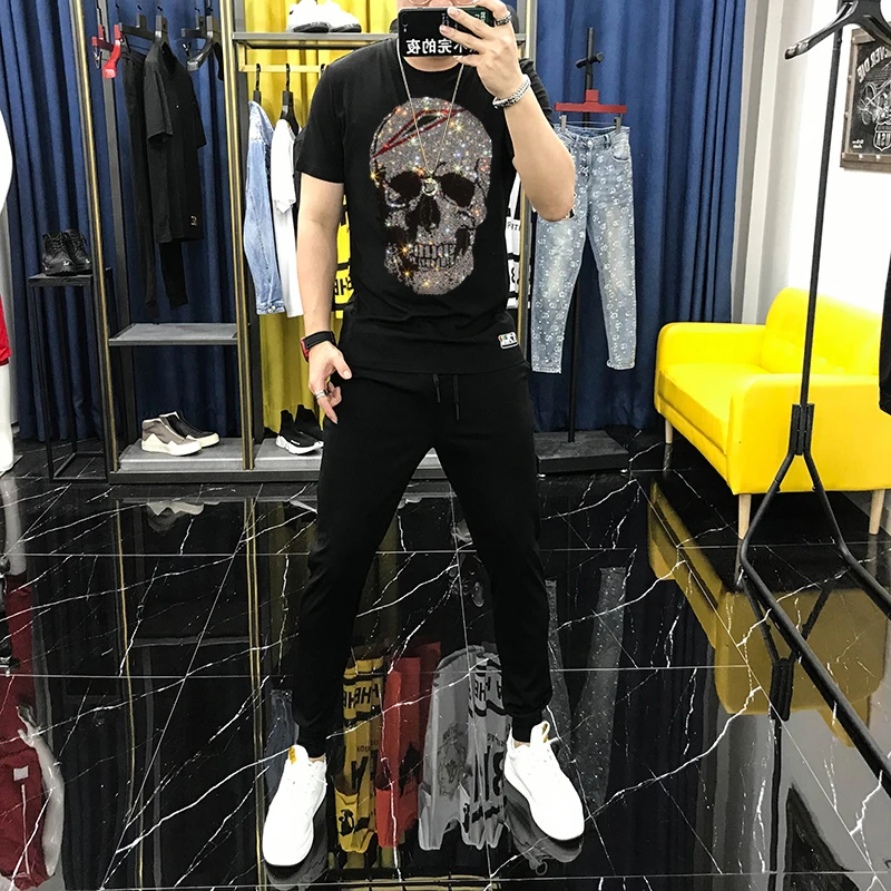 

New Summer Korean Version Of The Skull Hot Drill Men's Suit Cotton T-Shirt Fitness Outdoor Short Sleeve Pants + Sweatshirt