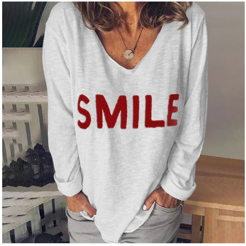 2022 Women's Long Sleeve Top Harajuku Solid Color Fashion Letter V-neck Blouses Women's Cotton Oversized T-shirt Graphic Tee