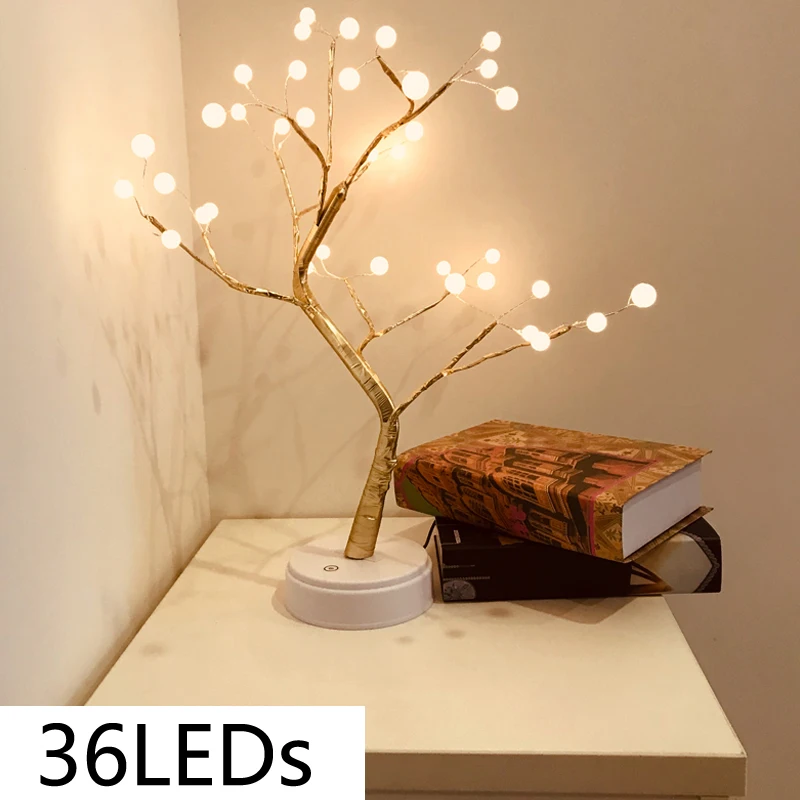 36LEDs Светодиодный медный провод дерево форма ночь с сенсорным датчиком переключатель украшения батареи USB светодиодный настольный ламповый светильник - Испускаемый цвет: 36LEDs