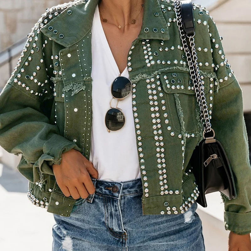 

Autumn Metal Button Rivet Denim Coat Fahsion Chic Turn-down Collar Tops Outerwear Women Casual Long Sleve Jean Jacket Streetwear