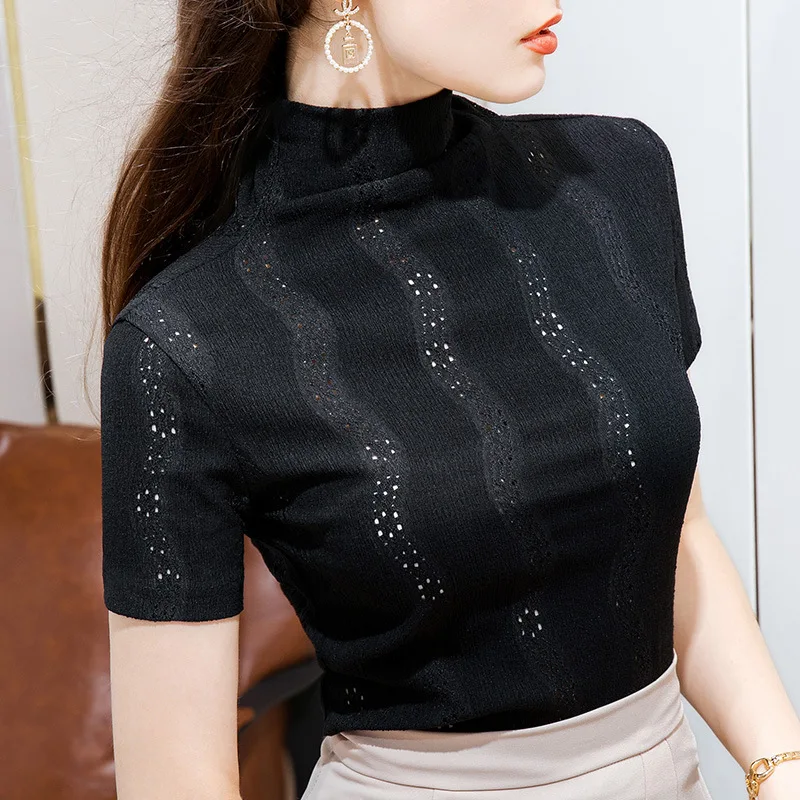 

High collar lace bottomed shirt women's new autumn and winter 2020 women's wear with foreign style small shirt sexy hollow out