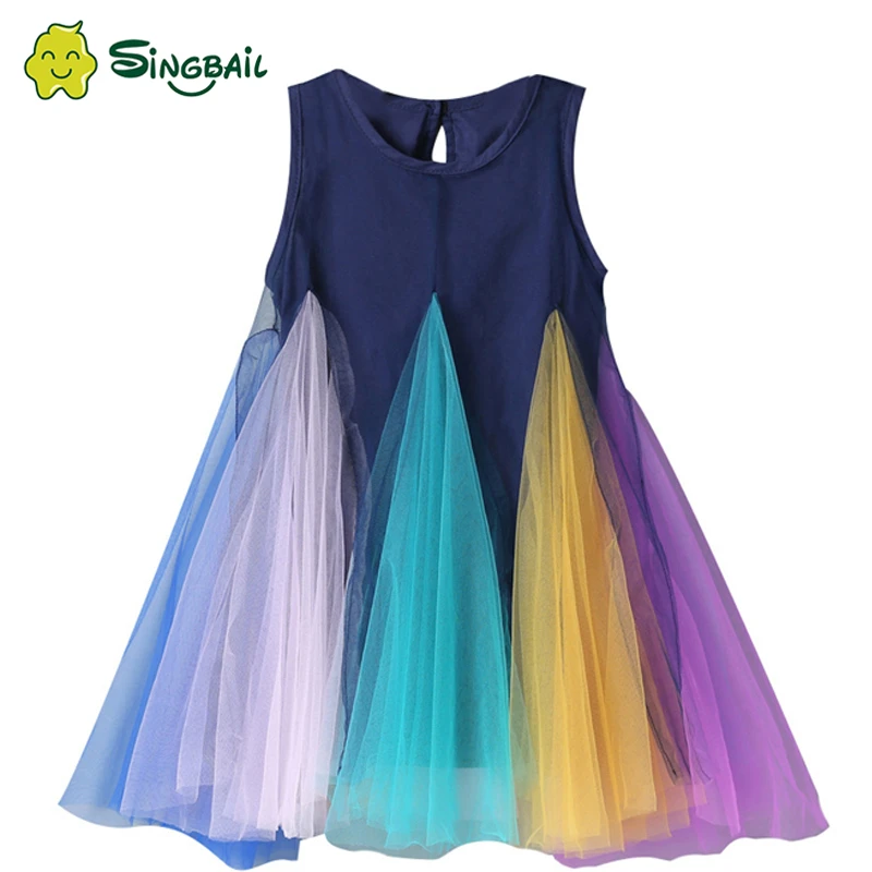 SINGBAIL Girl Cotton Cartoon Rainbow Stripe Flower Sleeveless Sleeve Dress Girls Autumn Winter Casual Dresses For 12M-4 Year YX | Детская
