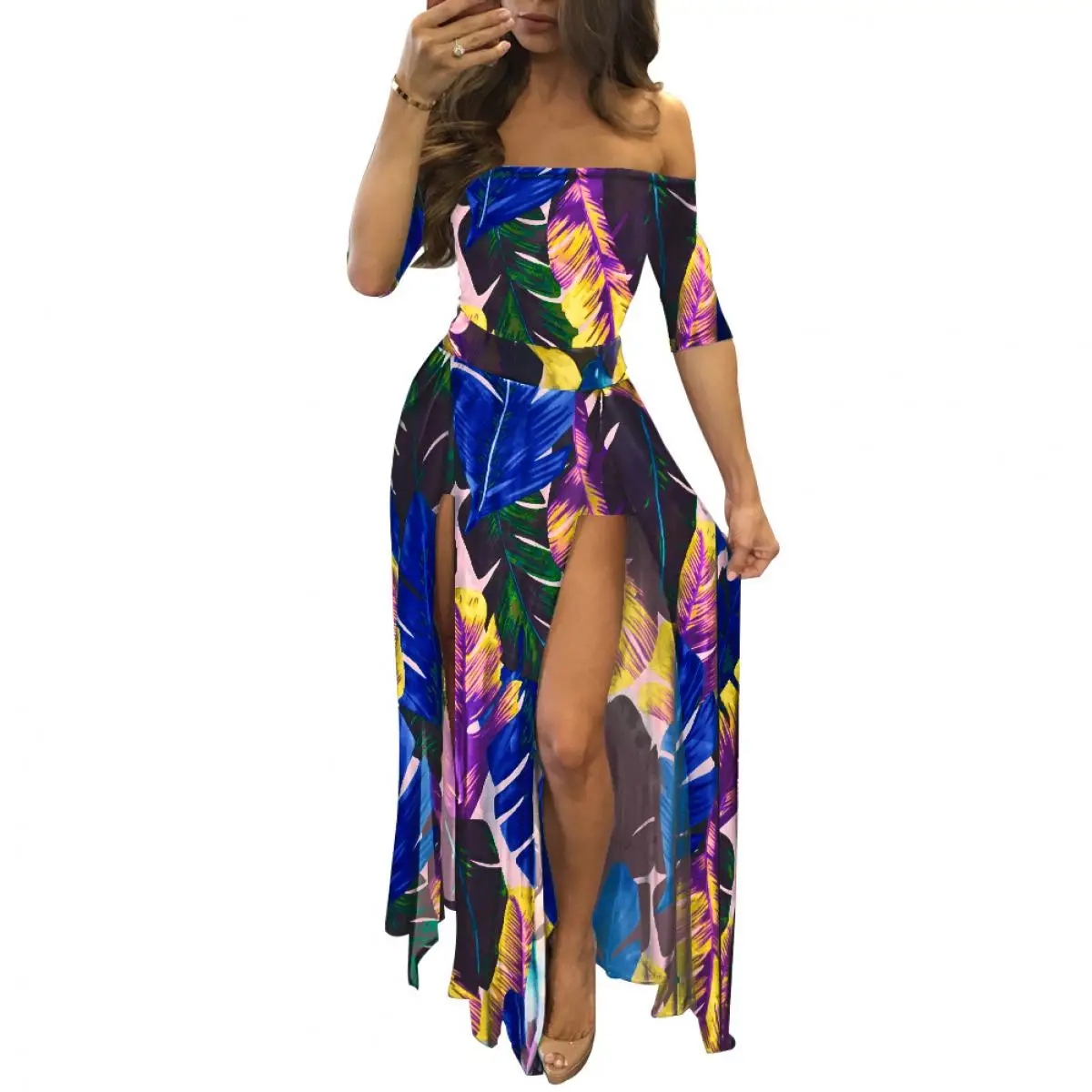 

Three-Color European and American Women's Clothing Plus Size S-5Xl Sexy Slim Digital Printing One-Piece Split Dress