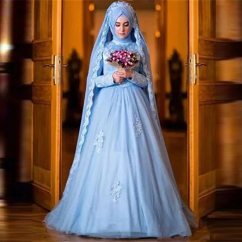 

Modest High Neck Muslim Wedding Dress Lace Appliques Tulle Middle East Bridal Gowns Custom Formal Princess Robe De Mariage