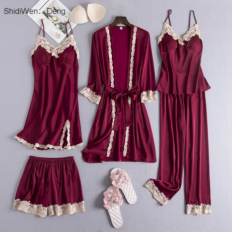 

Sexy Female Robe Set 5PCS Satin Rayon Bathrobe Women Kimono Bath Gown Casual Sleepwear Nightwear Bridesmaid Robes Suit Homewear