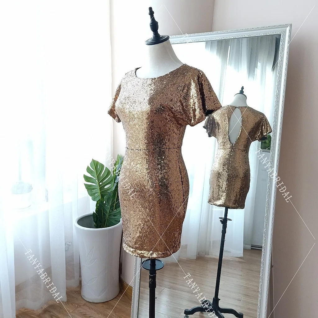 Коктейльные платья с золотыми блестками, короткие рукава, Мини модное женское платье для выпускного вечера, коктейльное платье