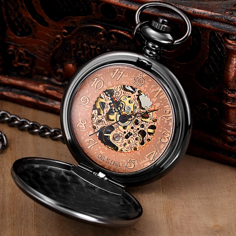 Golden Sliver Smooth Automatic Mechanical Pocket Watch FOB Chain Hand Winding Hollow Pocket Watch For Men Women