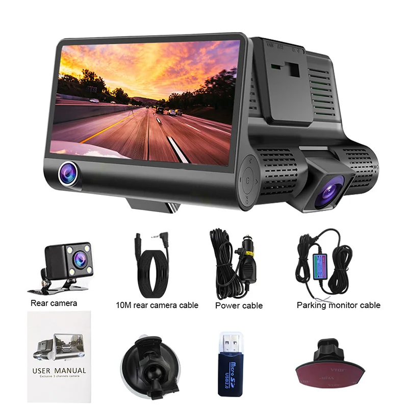 TOSPRA Full HD 1080P Автомобильный видеорегистратор с 3 объективами 4,0 дюймов широкоугольная Автомобильная видеорегистратор двойной объектив с камерой заднего вида автоматический Регистратор