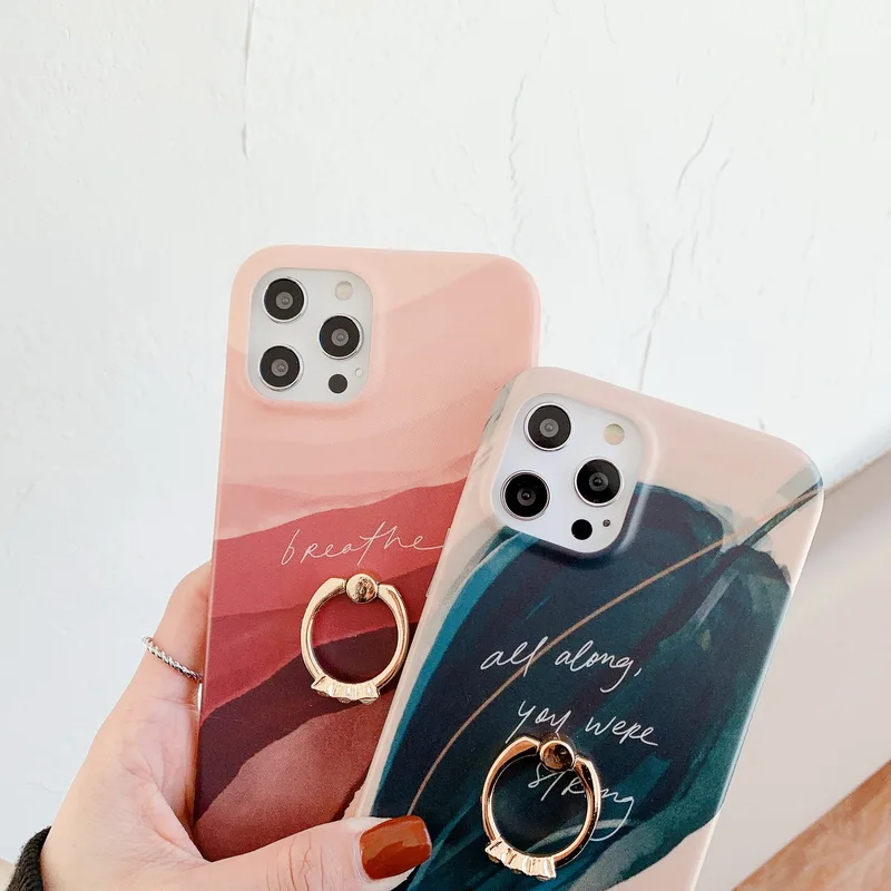 

Metal Ring Stand TPU Cases For iPhone 12 Pro Case Watercolor Flower Leaf Case For iPhone 11 Pro Max 12 mini XS Max X XR 8 7 Plus