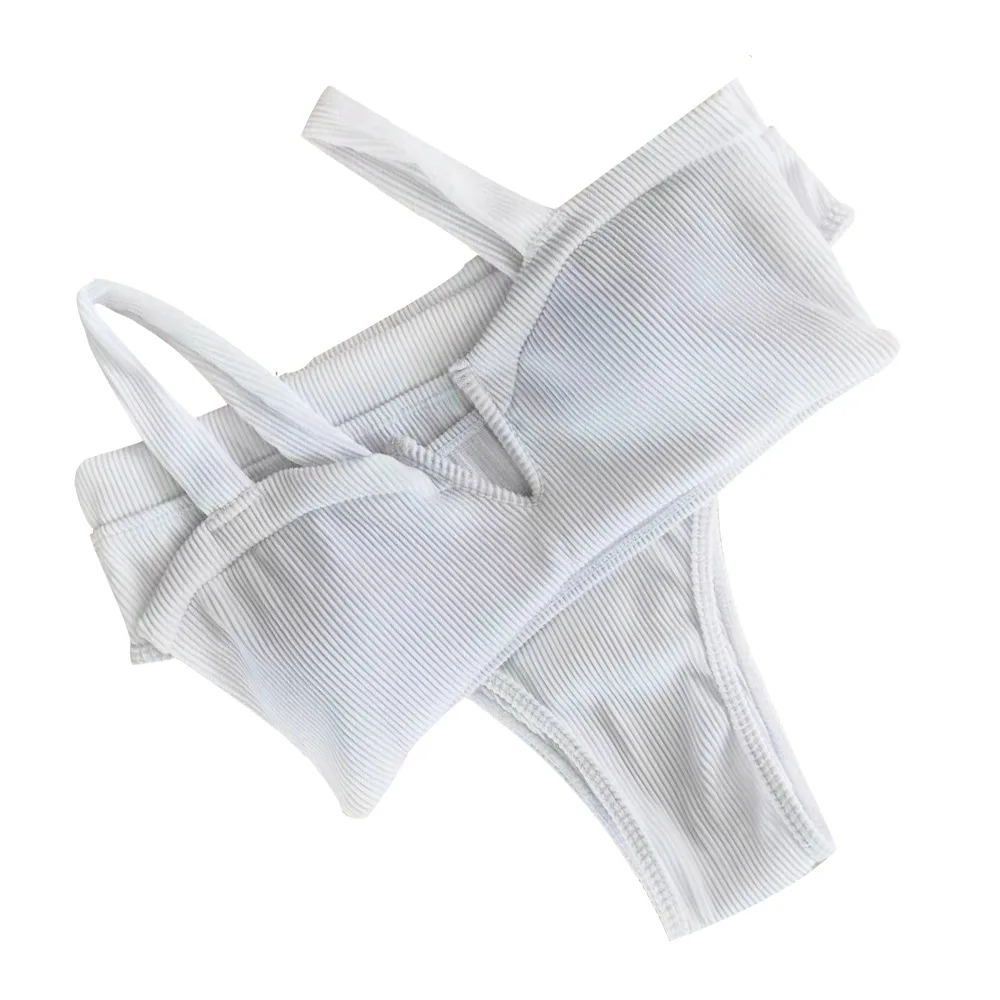 

2020 V Cut Ribbed Fabric Swimsuit 5 Colors Ribbed Front V Wire Bikinis Top High Leg Bikini Bottom Women Swimwear Femme Biquini