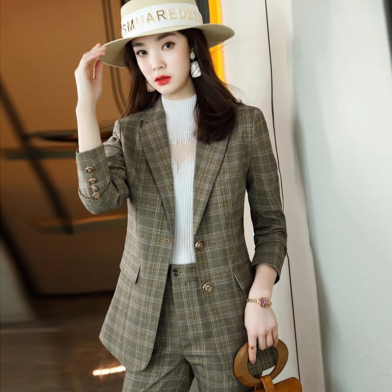 

High Quality Fabric Elegant Plaid Formal Uniform Designs Pantsuits Professional OL Styles Ladies Work Wear Business Blazers Set