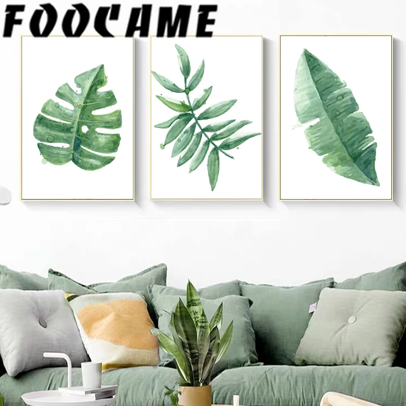 

Green Plant Monstera Leaves Nordic Wall Art Canvas Print Minimalism Poster Watercolor Painting Decoratio Pictures Living Room