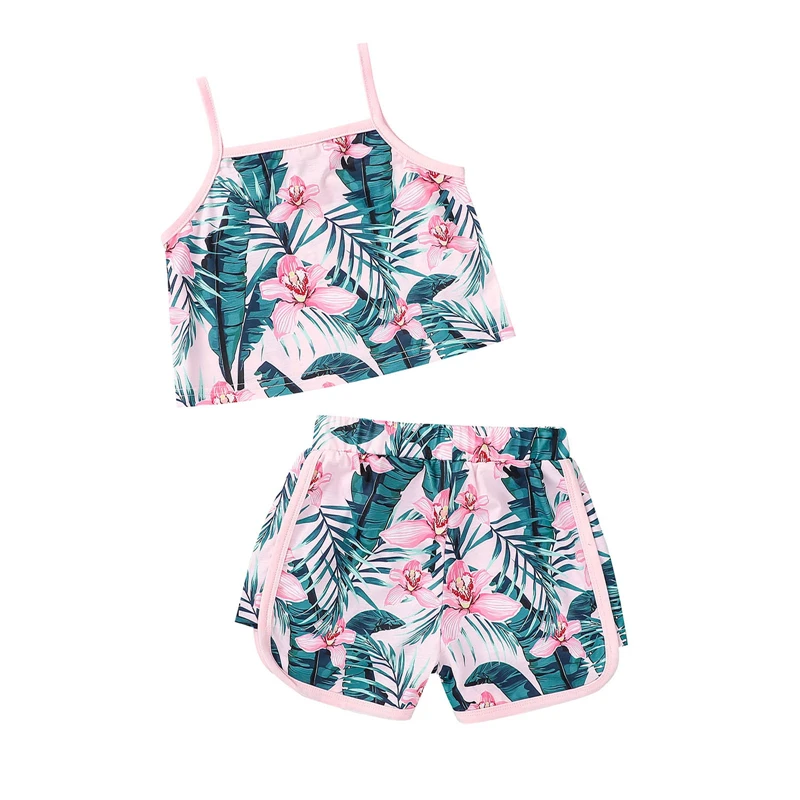 

2021 Children Girls Leaf Print Clothes Set Sleeveless Square Collar Cropped Tops+Side Split Short Pants Two Piece Clothing